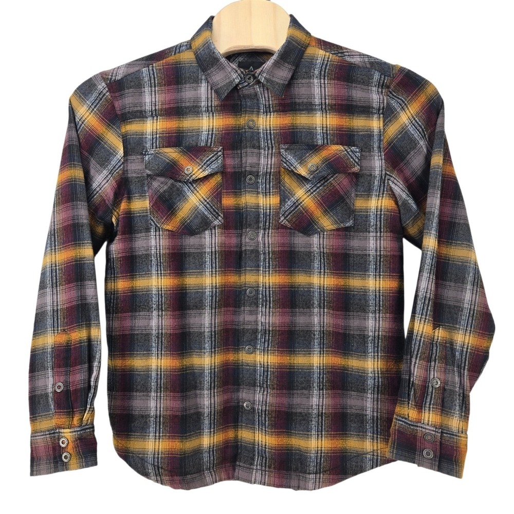 prAna Asylum Flannel Shirt Mens Medium Plaid Thermal Lined Snap Organic Cotton
